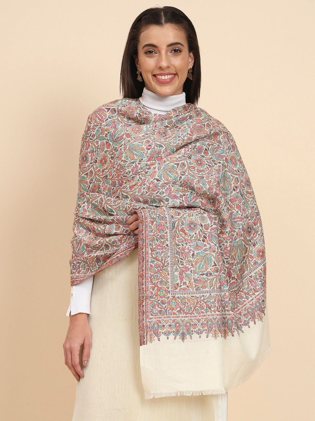 

Pashmoda Ethnic Motifs Woven Design Shawl, White