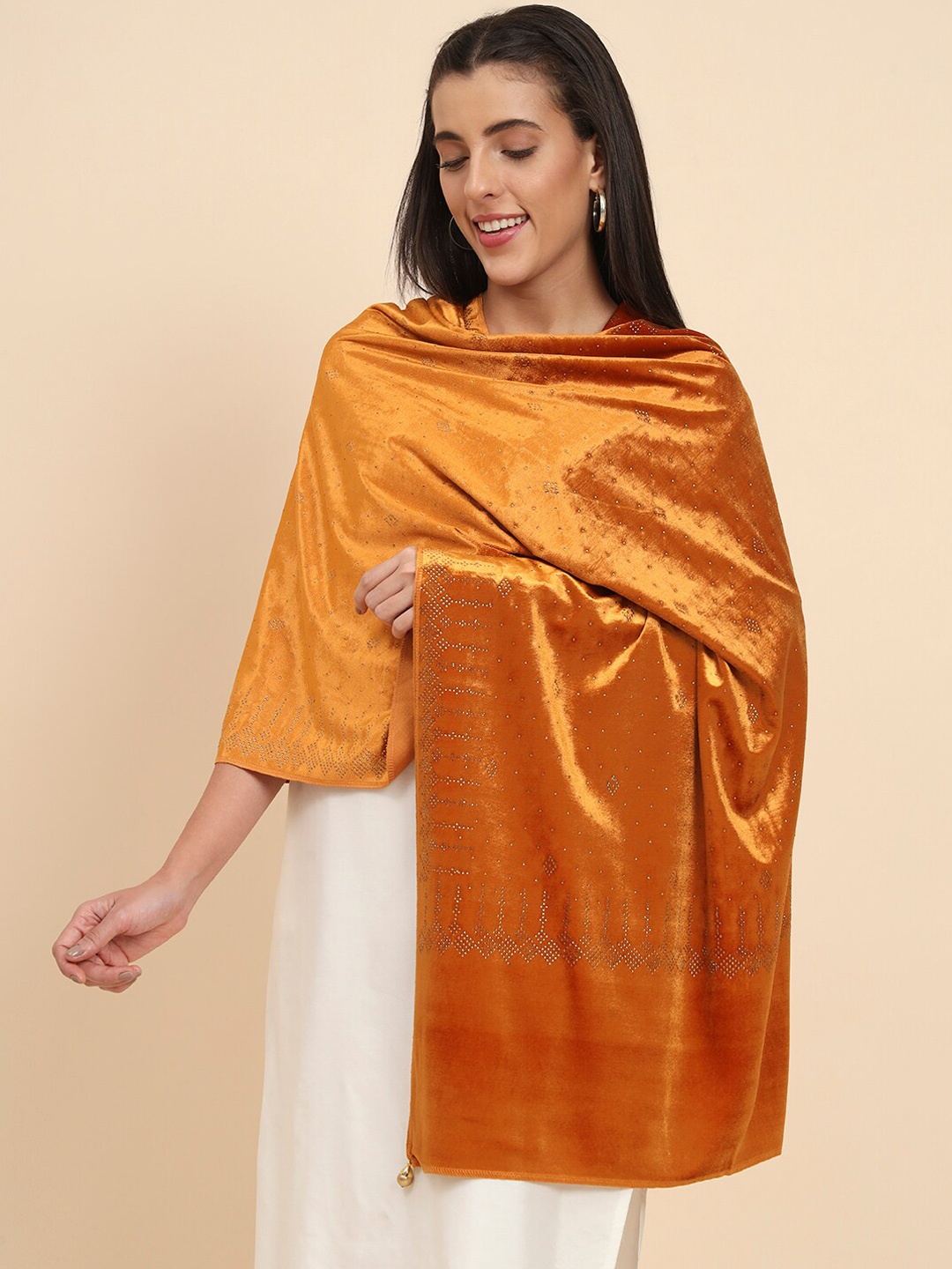 

Pashmoda Embellished Beads and Stones Velvet Shawl, Yellow