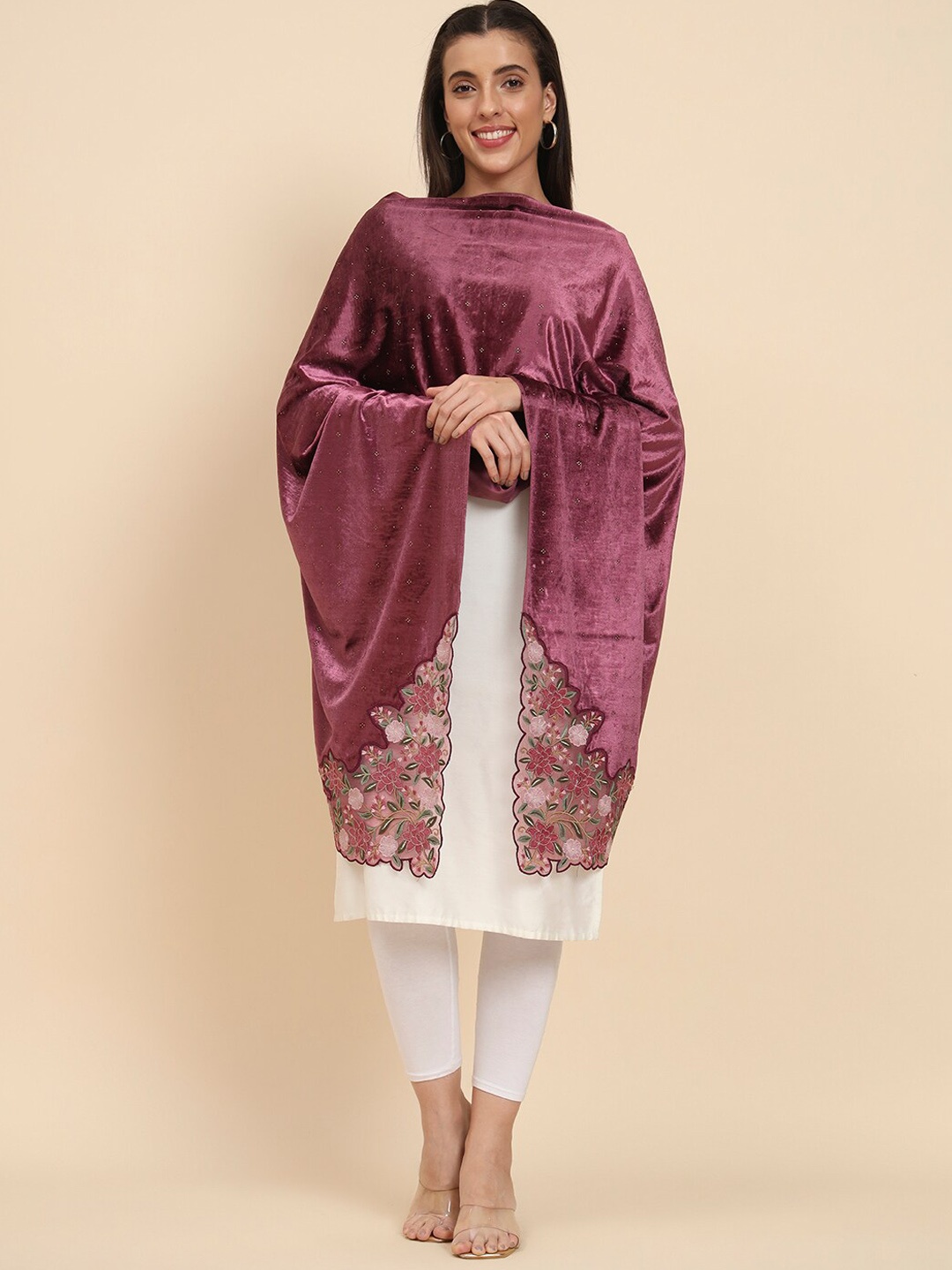 

Pashmoda Embellished & Embroidered Beads and Stones Velvet Shawl, Mauve