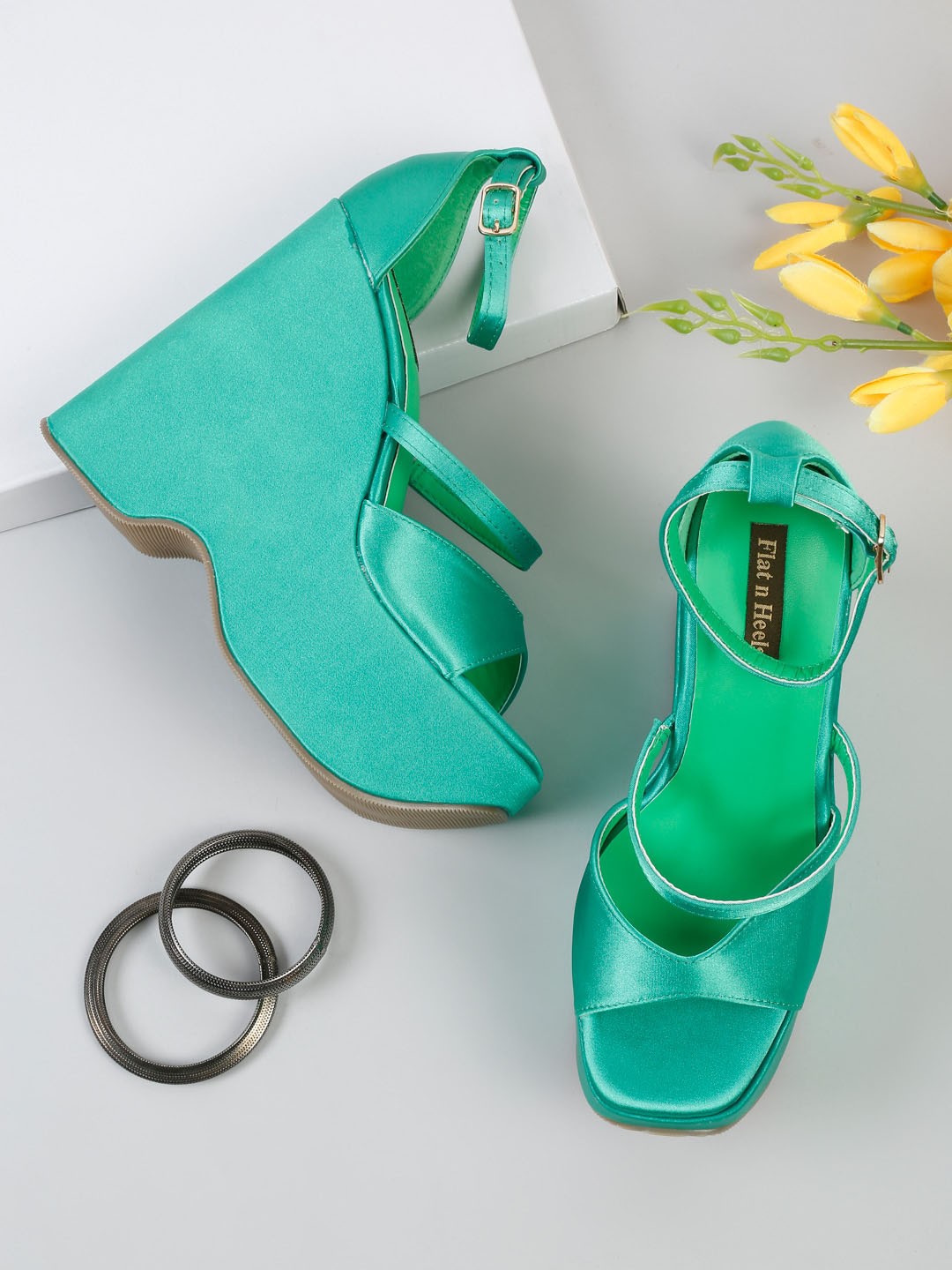 

Flat n Heels Open Toe Wedges With Ankle Loop, Green