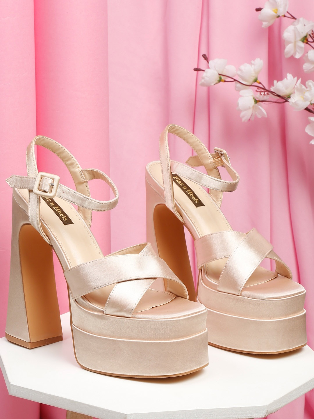 

Flat n Heels Cross Strap Party Platform Heels With Buckles, Gold