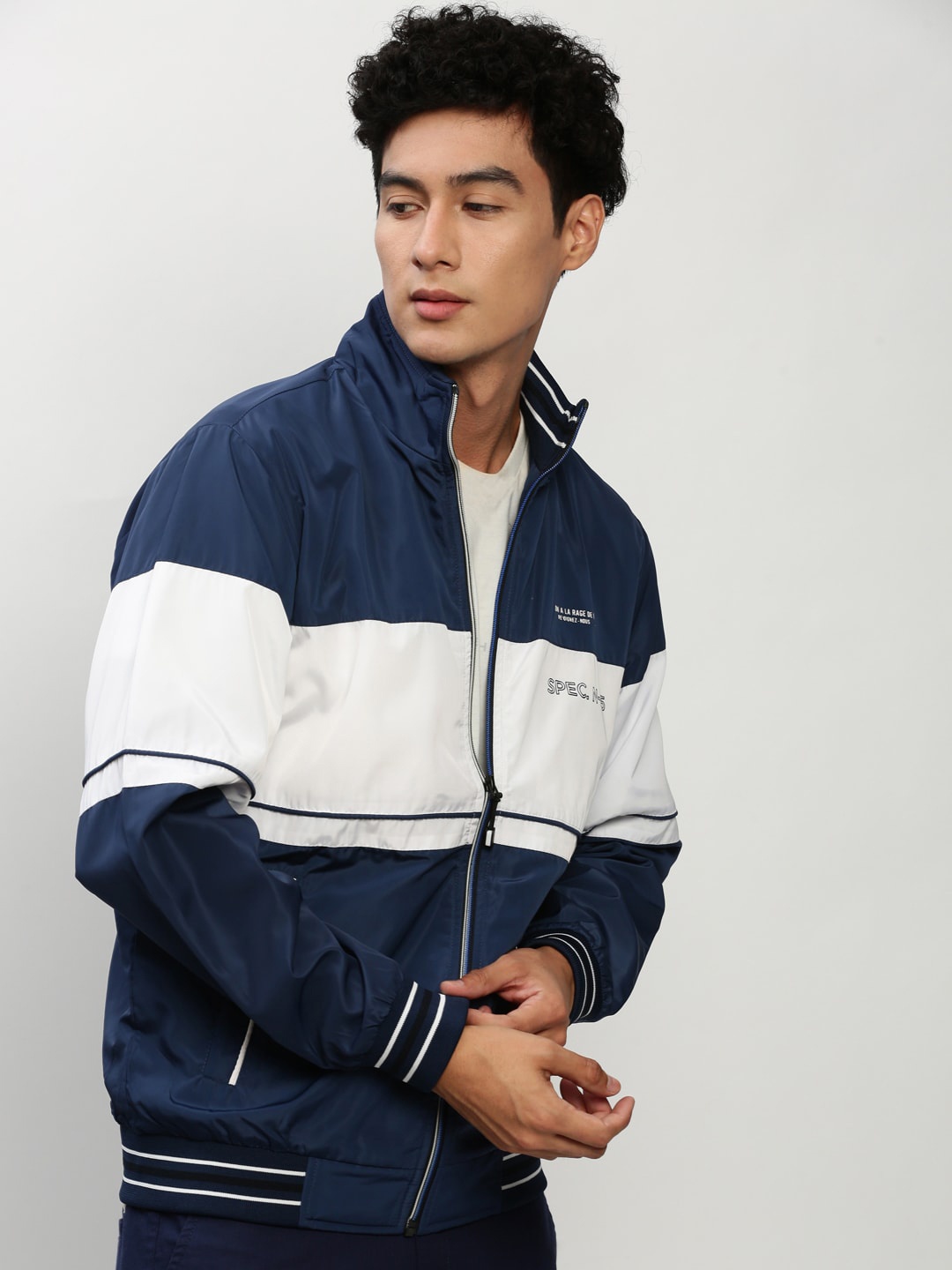 

SHOWOFF Colourblocked Mock Collar Windcheater Bomber Jacket, Blue