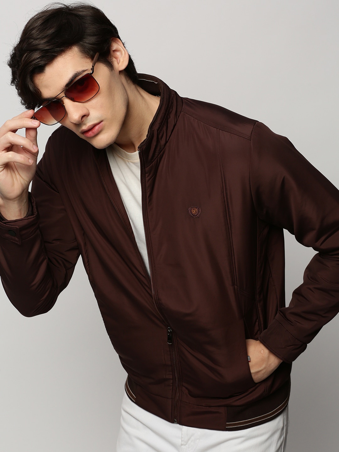 

SHOWOFF Mock Collar Windcheater Bomber Jacket, Coffee brown