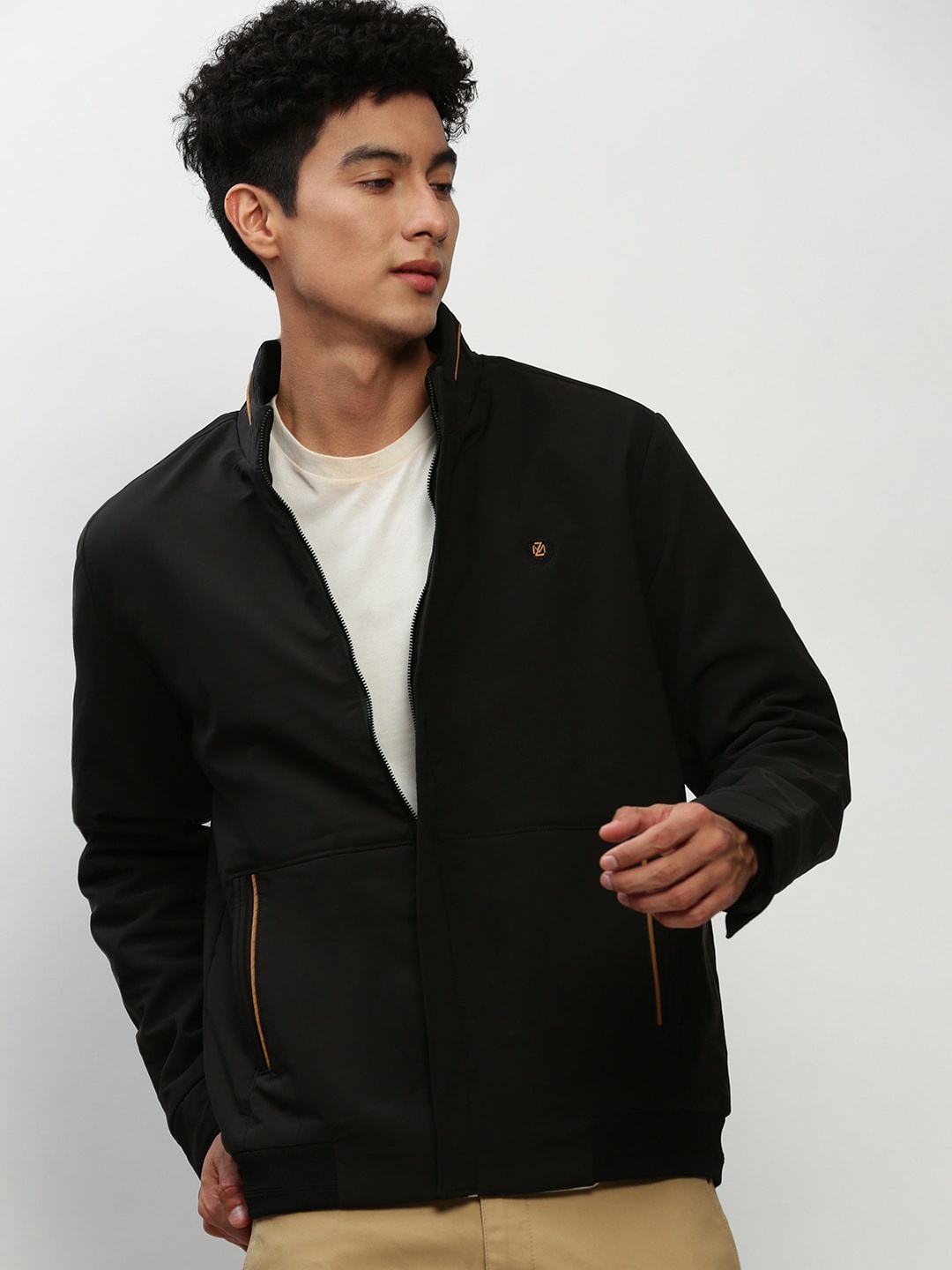 

SHOWOFF Mock Collar Faux Leather Trim Tailored Jacket With Windcheater, Black