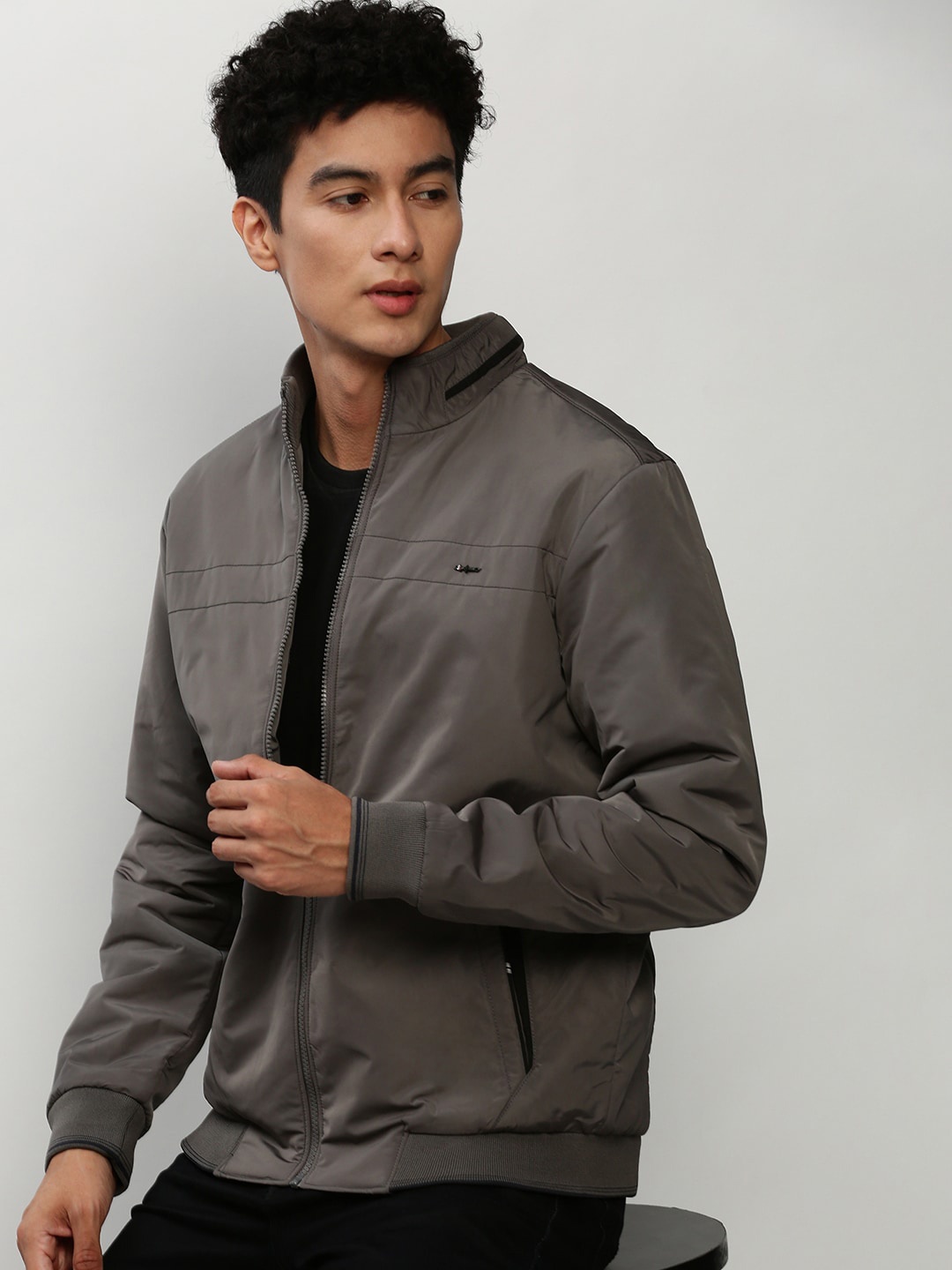 

SHOWOFF Stand Collar Zip Detail Bomber Jacket Windcheater, Grey