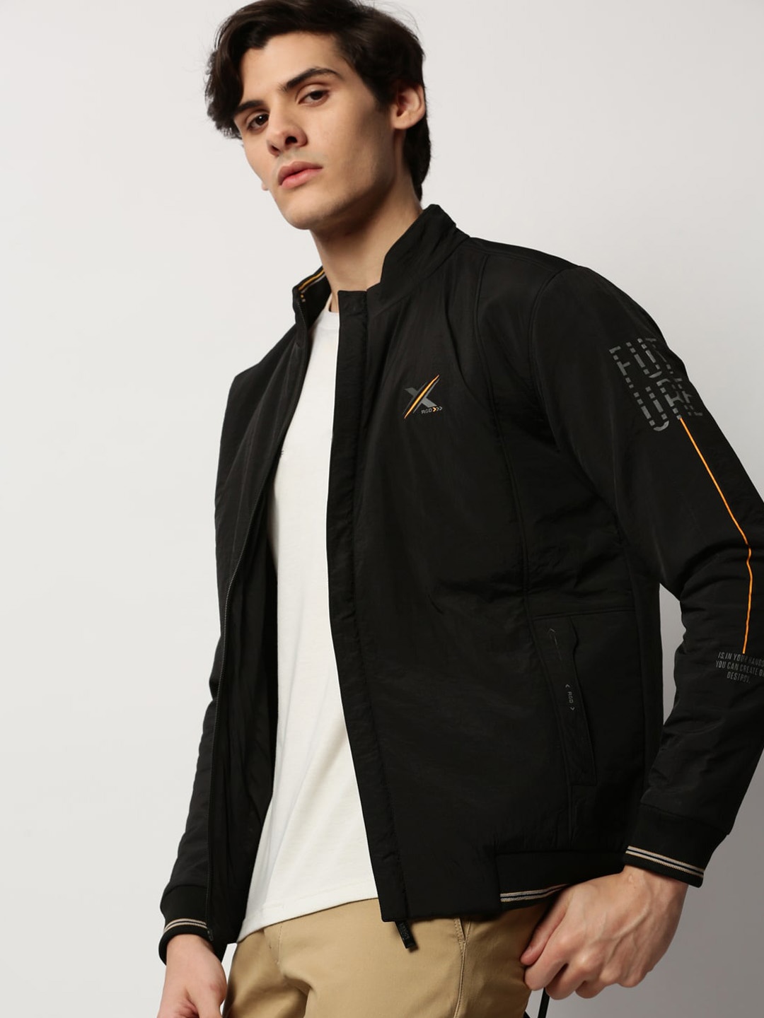 

SHOWOFF Typography Printed Mock Collar Windcheater Bomber Jacket, Black