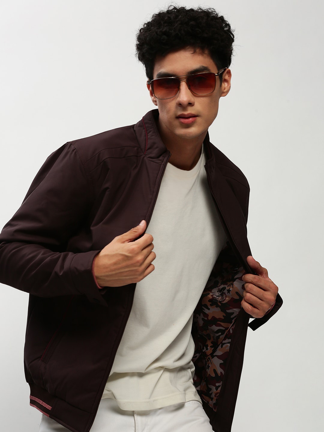 

SHOWOFF Mock Collar Windcheater Bomber Jacket, Coffee brown