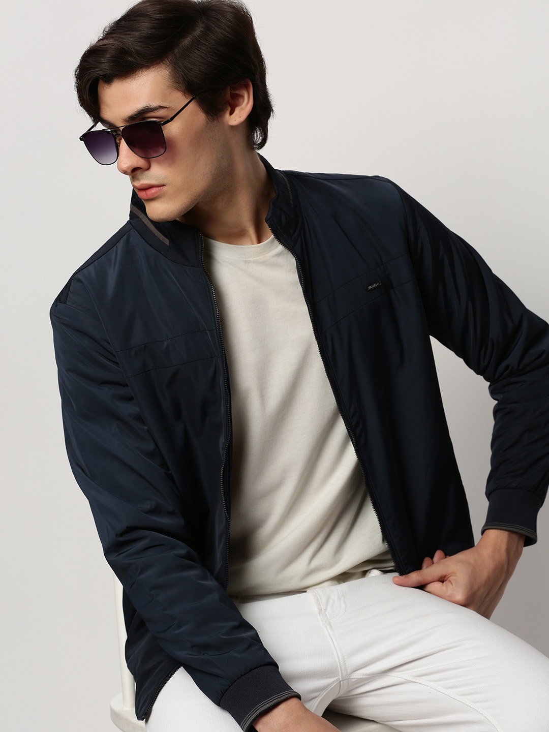 

SHOWOFF Mock Collar Windcheater Taslon Bomber Jacket, Navy blue