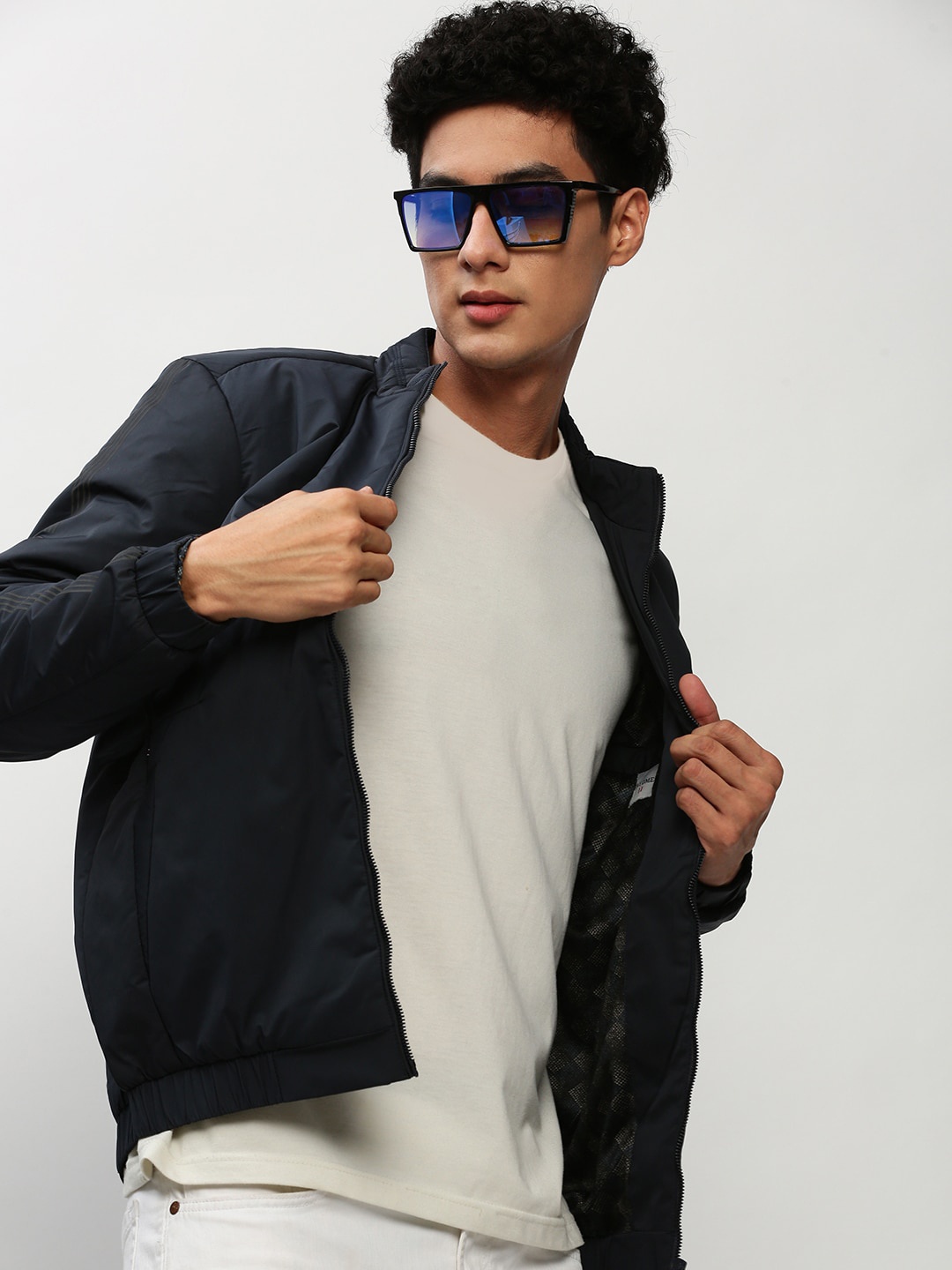 

SHOWOFF Stand Collar Zip Detail Bomber Jacket With Windcheater, Navy blue