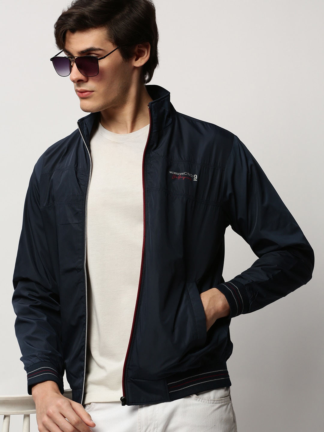 

SHOWOFF Mock Collar Zip Detail Bomber Jacket Windcheater, Navy blue