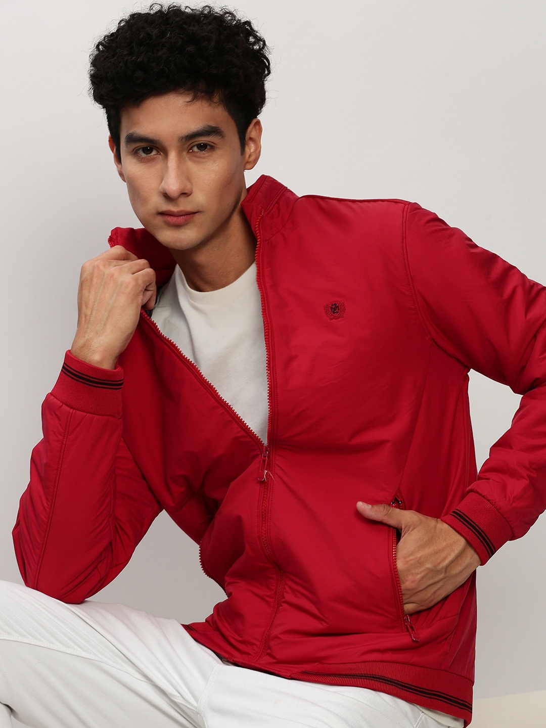 

SHOWOFF Mock Collar Zip Detail Bomber Jacket Windcheater, Red