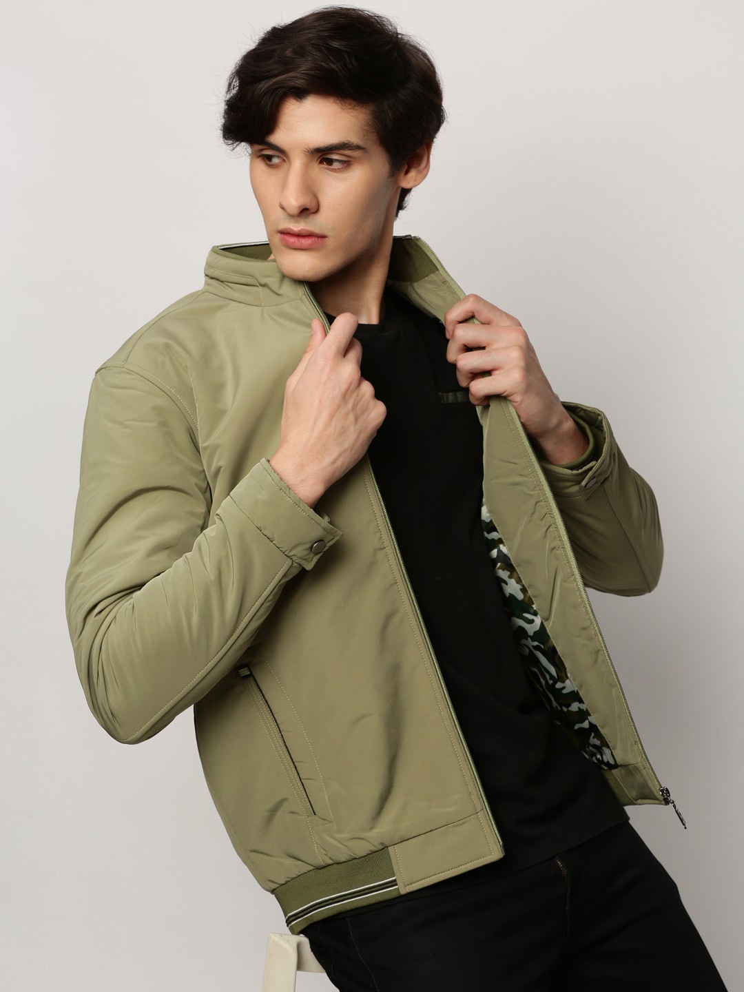 

SHOWOFF Mock Collar Windcheater Bomber Jacket, Green
