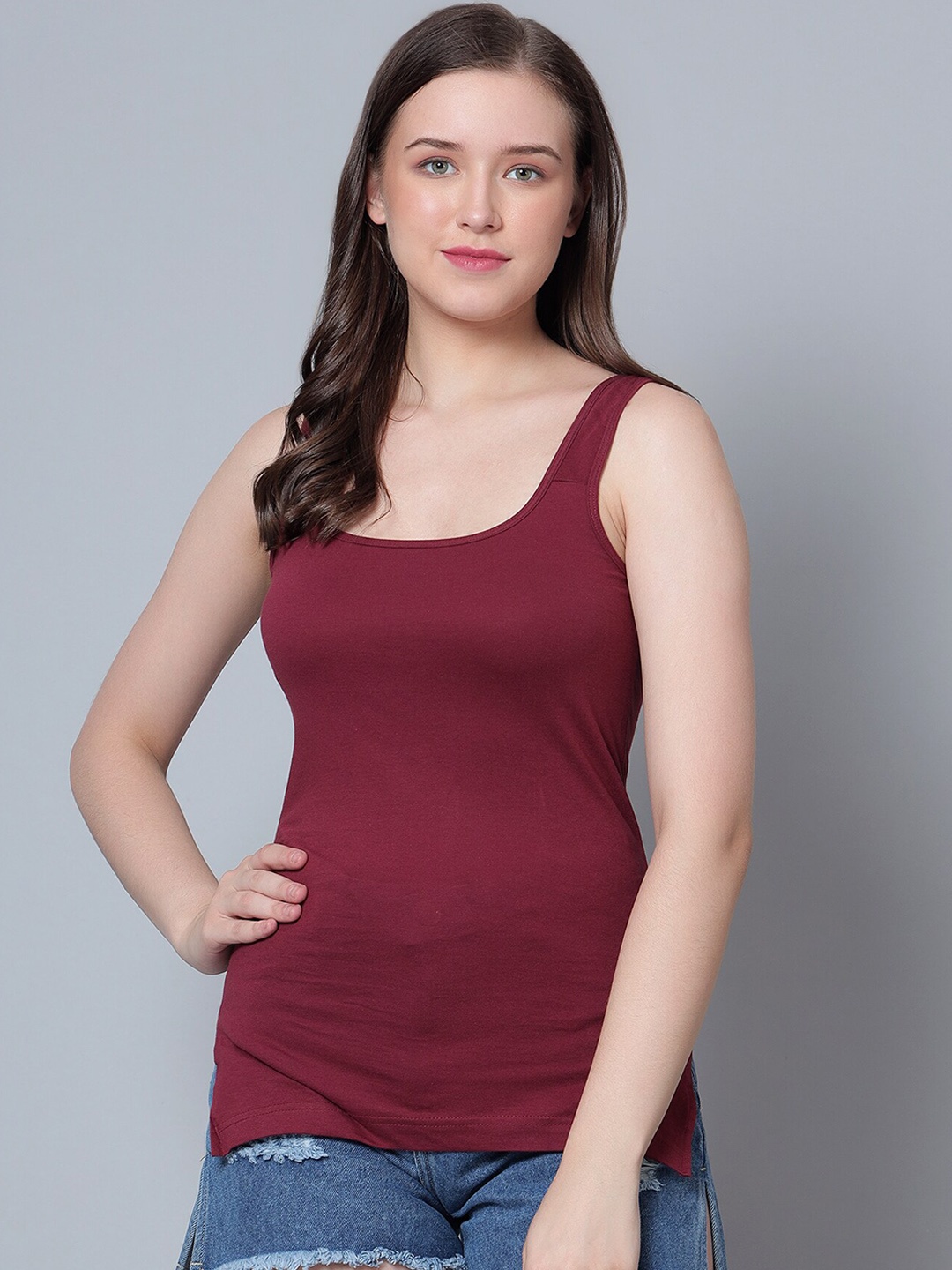 

Aimly Shoulder Strap Cotton Long Camisoles, Maroon