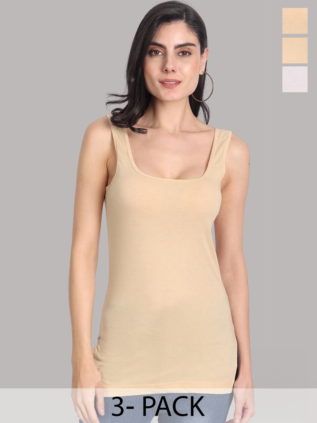 

Aimly Pack Of 3 Non Padded Cotton Long Camisole, Beige