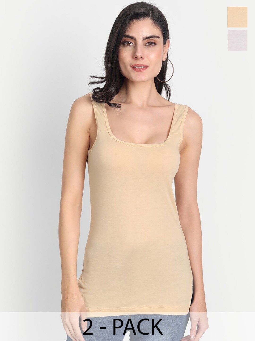 

Aimly Pack Of 2 Non Padded Cotton Long Camisole, Beige