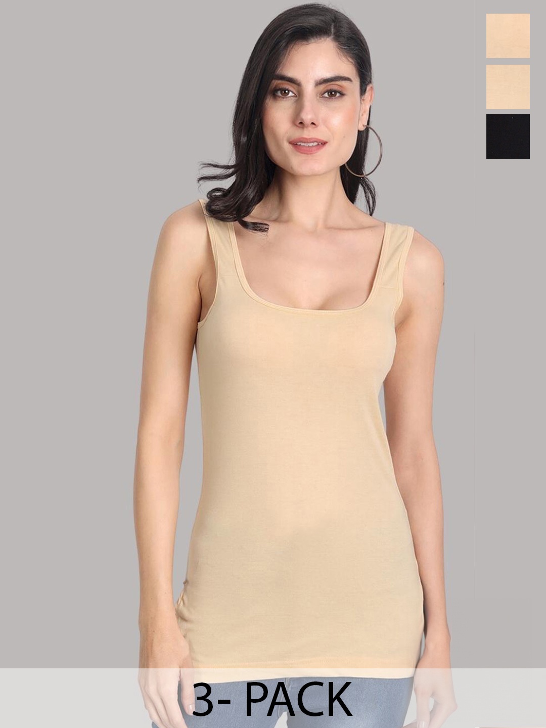 

Aimly Pack Of 3 Non Padded Cotton Long Camisole, Beige