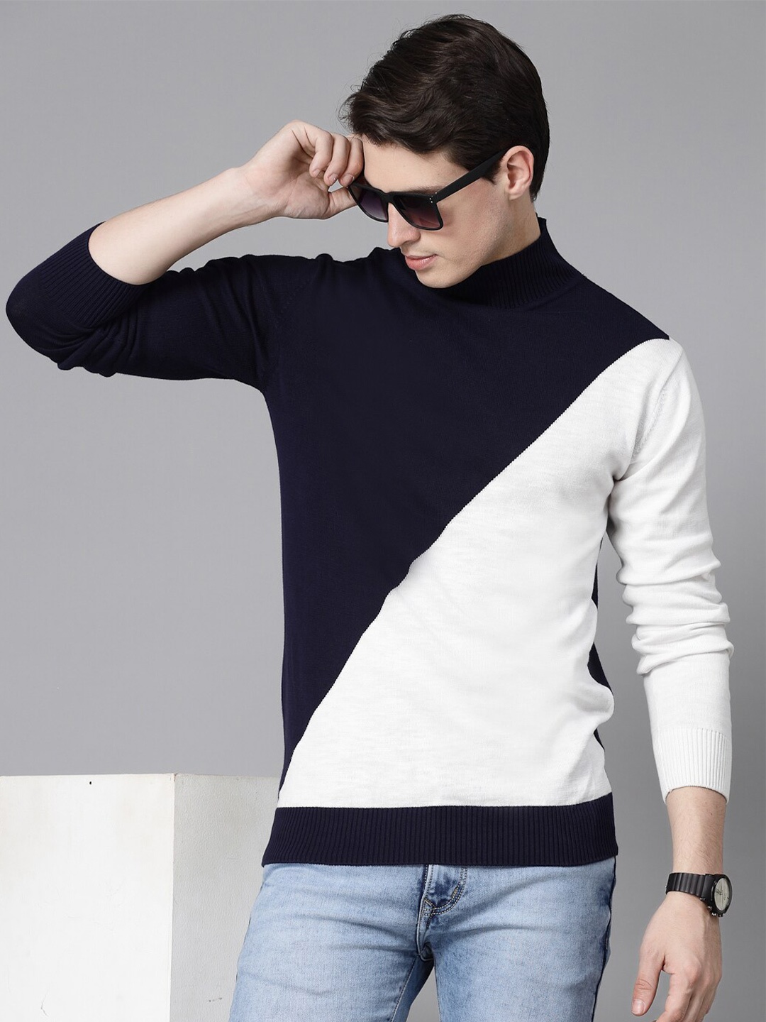 

Style Quotient Colourblocked High Neck Cotton Pullover, Navy blue