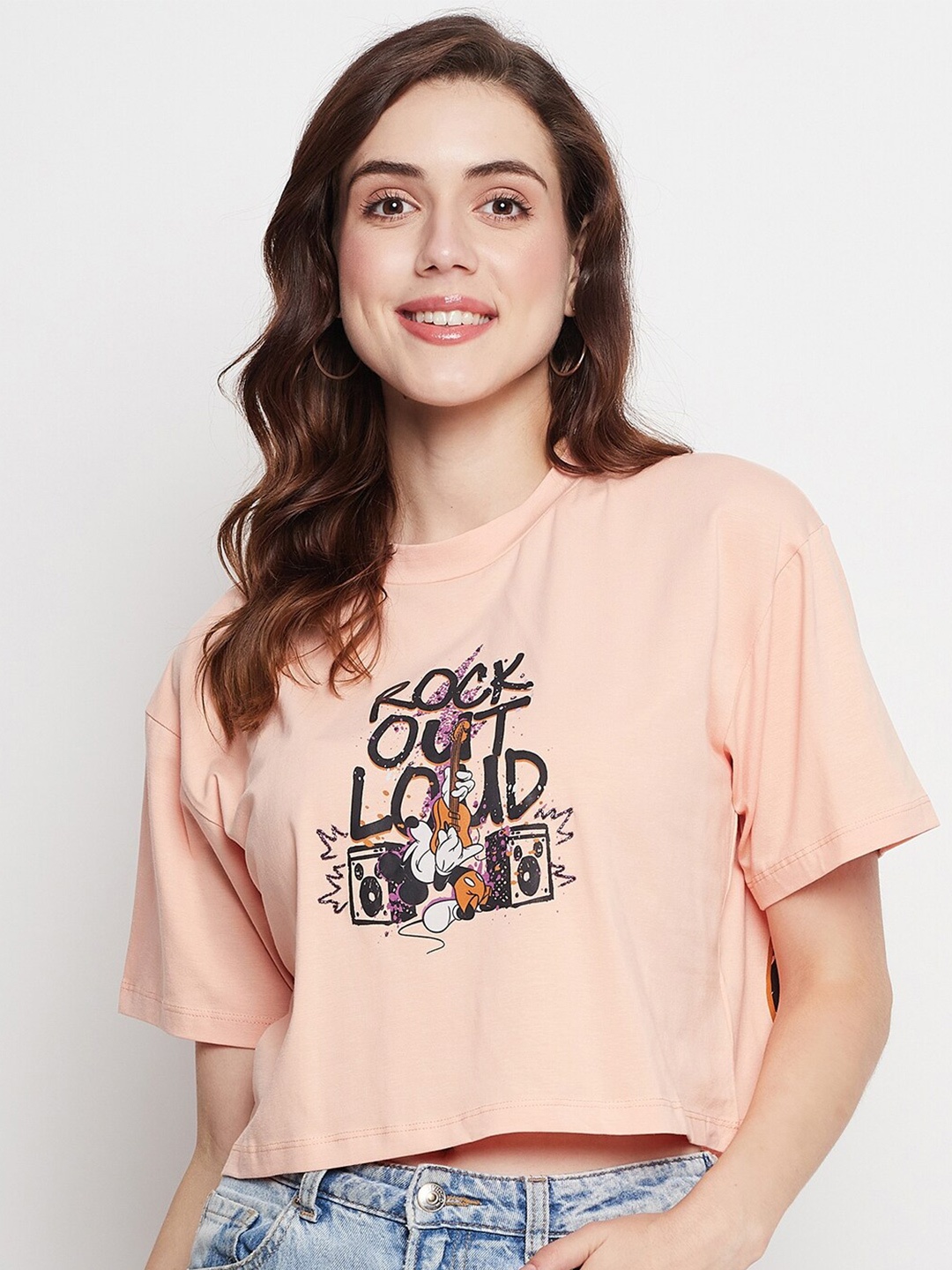 

CAMLA Mickey Mouse Typography Printed Boxy Crop Cotton Top, Peach