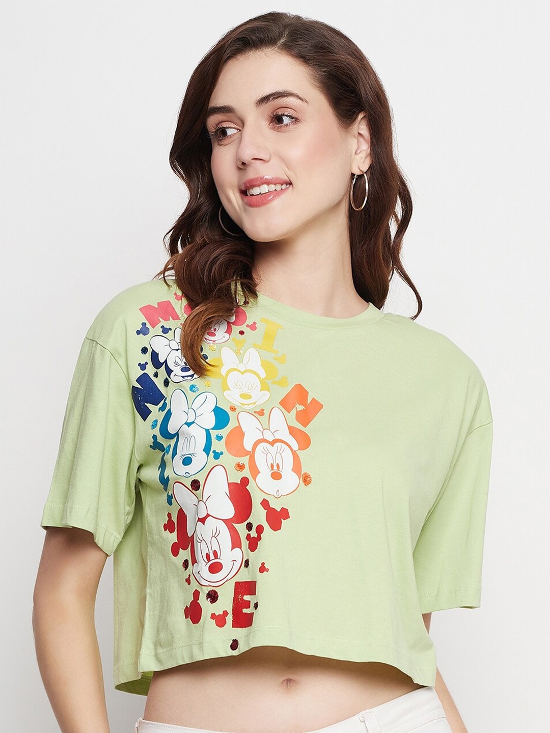 

CAMLA Minnie Mouse Printed Boxy Crop Cotton Top, Green