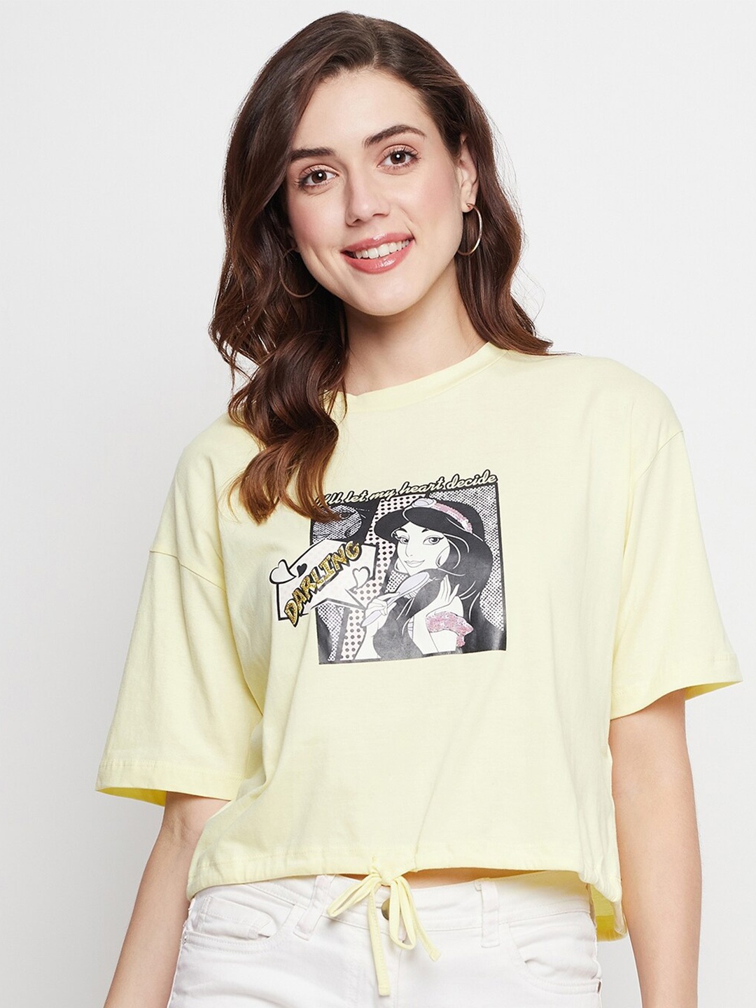 

CAMLA Cartoon Character Printed Boxy Crop Cotton Top, Yellow