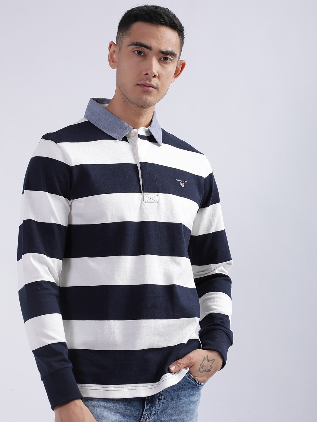 

GANT White Striped Polo Collar Long Sleeves Pure Cotton T-shirt