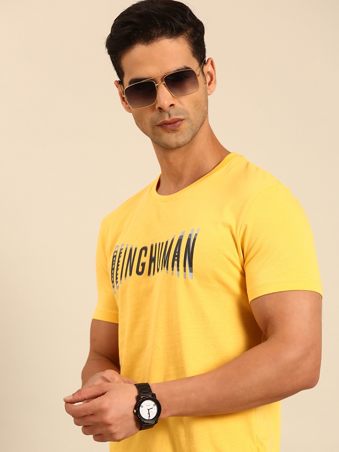 

Being Human Typography Printed Pure Cotton T-shirt, Yellow