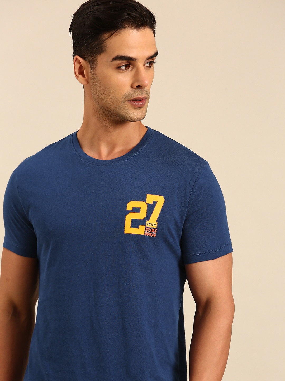 

Being Human Solid With Minimal Print Detail Pure Cotton T-shirt, Navy blue