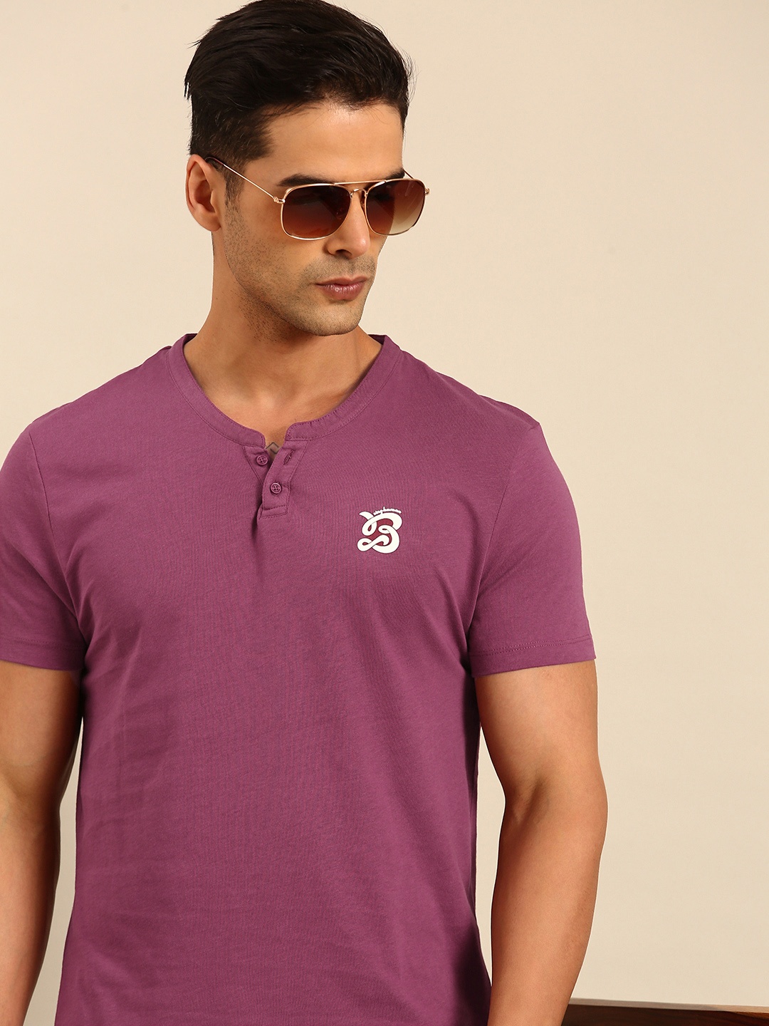 

Being Human Henley Neck Pure Cotton T-shirt, Mauve