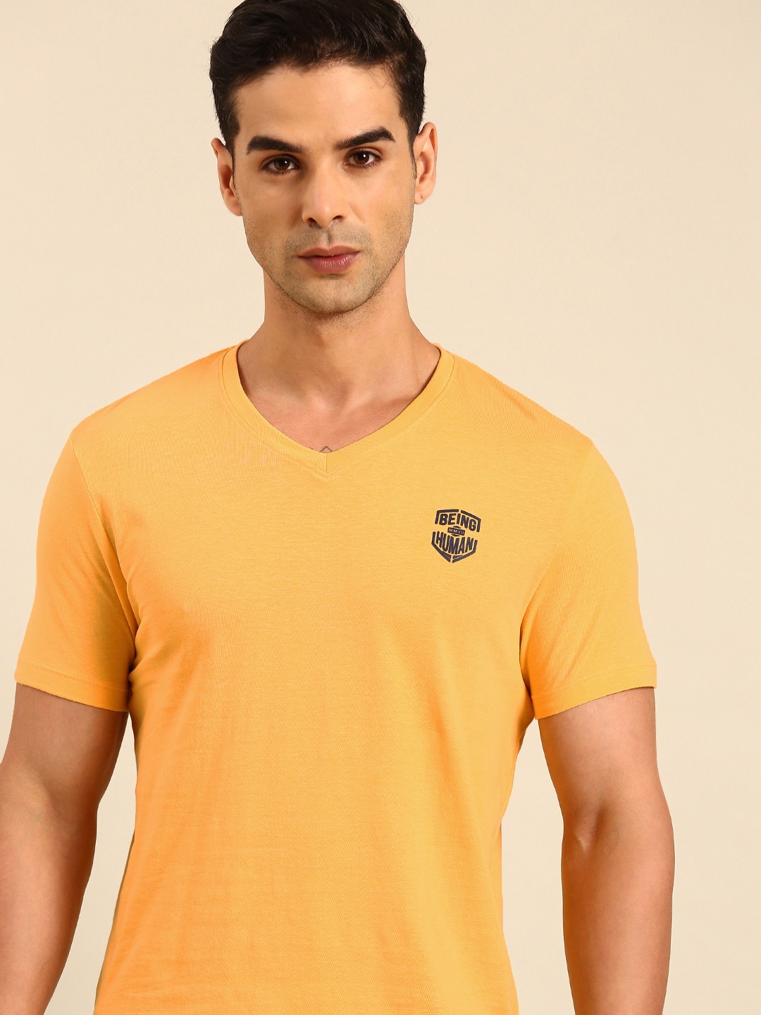 

Being Human V-Neck Pure Cotton T-shirt, Yellow