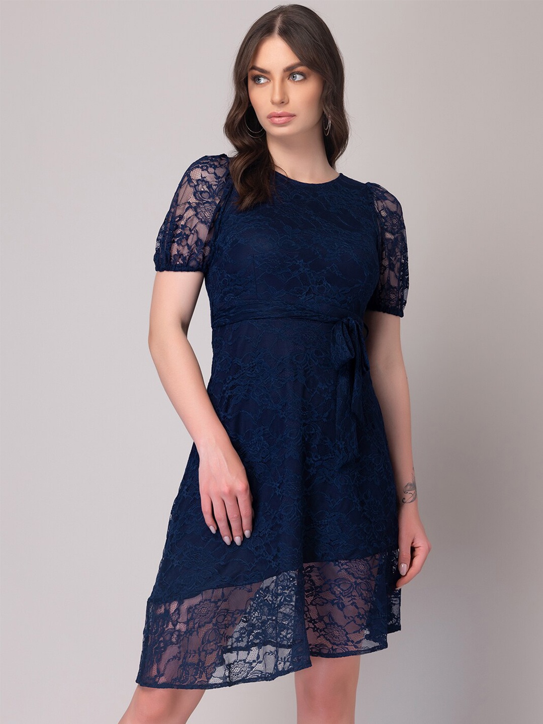

FabAlley Self Design Lace A-line Dress, Blue