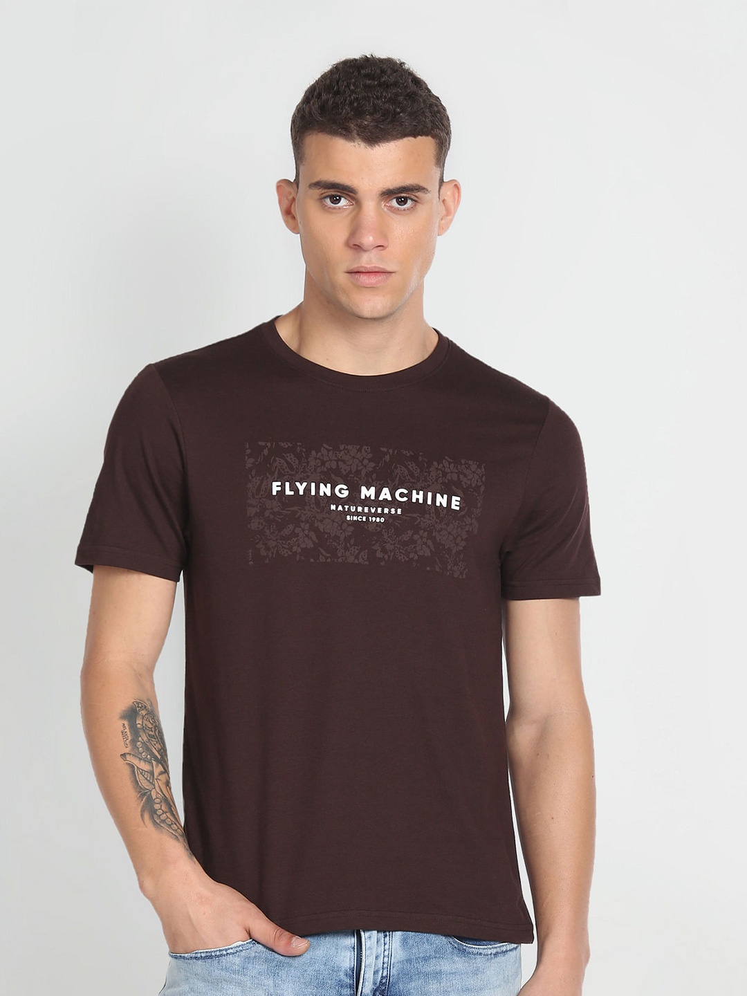 

Flying Machine Typography Printed Round Neck T-shirt, Brown