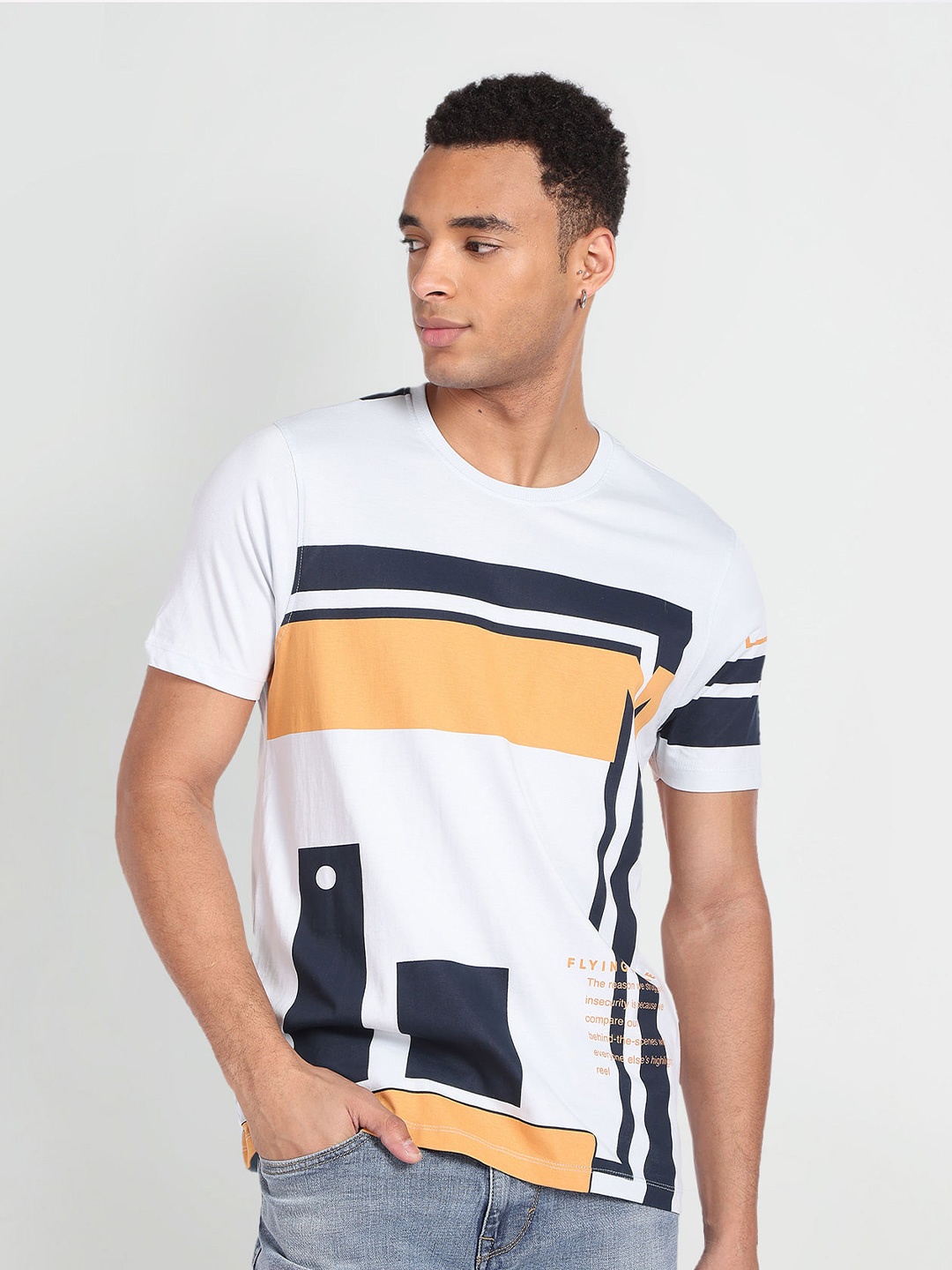 

Flying Machine Geometric Printed Pure Cotton Relaxed Fit T-shirt, Blue