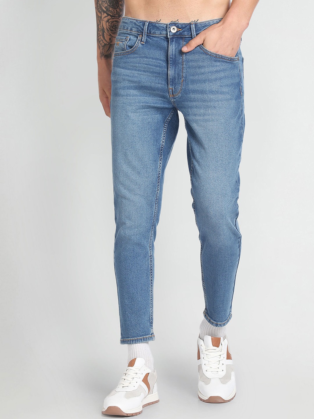 

Flying Machine Men Tapered Fit High-Rise Clean Look Stretchable Jeans, Blue