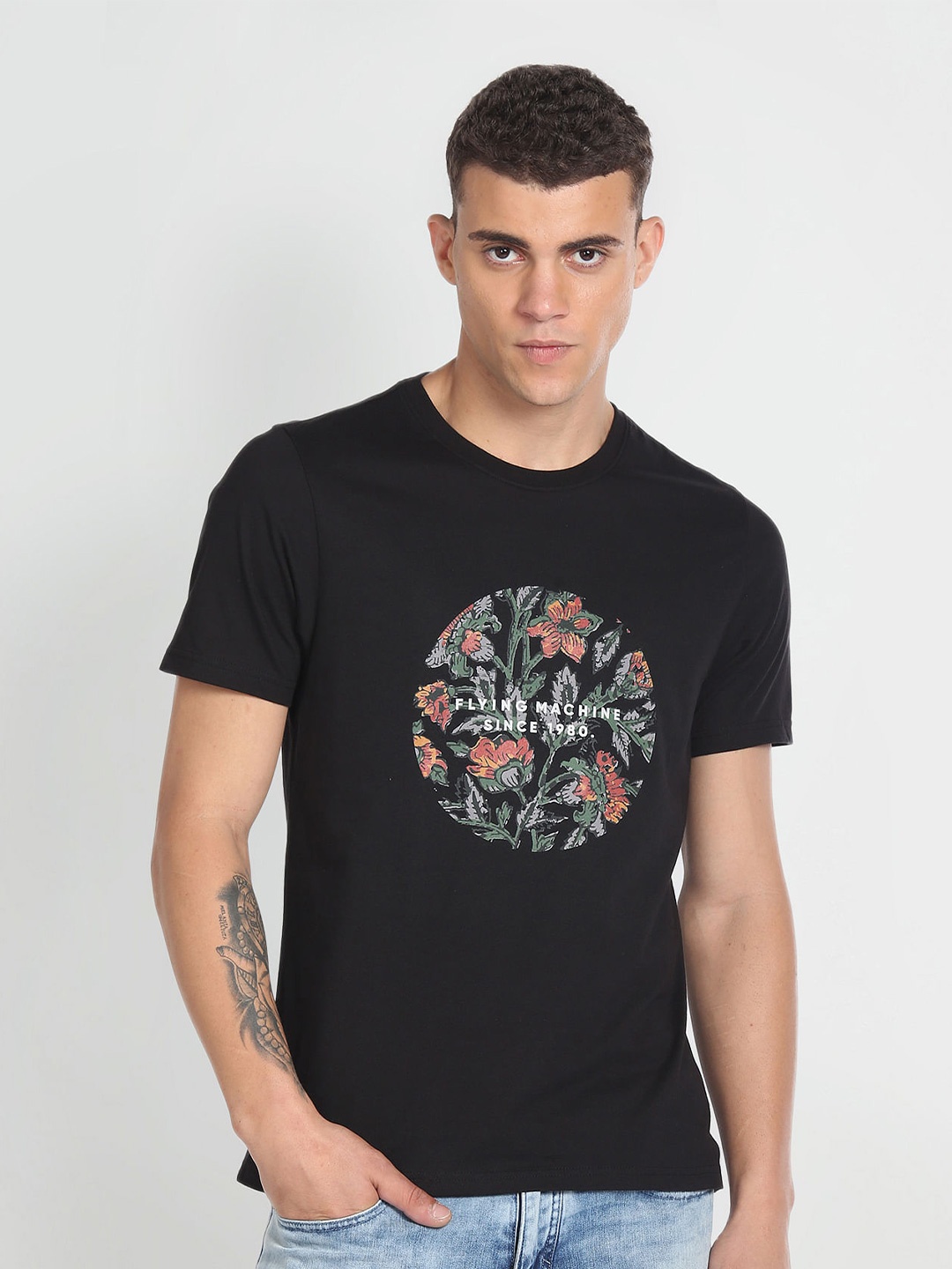 

Flying Machine Graphic Printed Pure Cotton T-shirt, Black