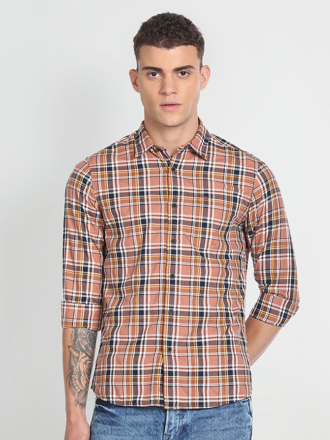 

Flying Machine Tartan Checked Herringbone Plaid Slim Fit Casual Shirt, Brown