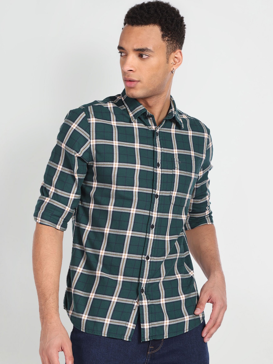 

Flying Machine Slim Fit Tartan Checked Opaque Cotton Casual Shirt, Green