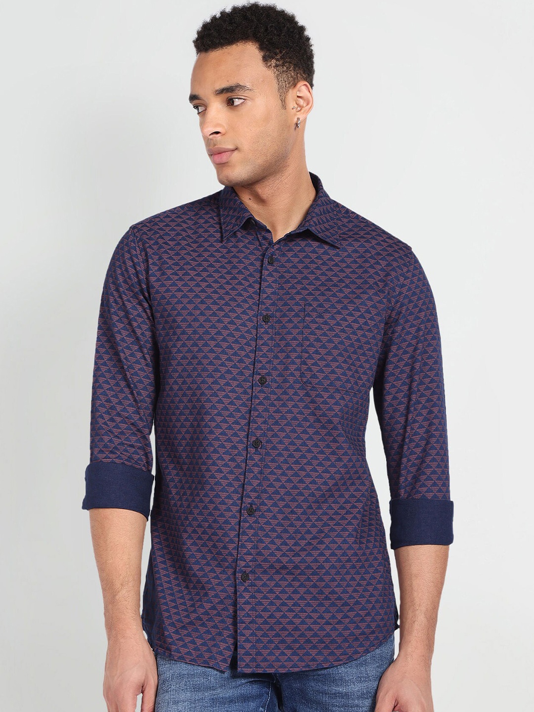 

Flying Machine Men Slim Fit Printed Pure Cotton Twill Casual Shirt, Navy blue