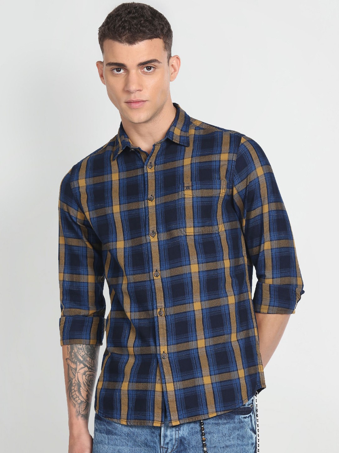 

Flying Machine Men Slim Fit Tartan Checked Pure Cotton Casual Shirt, Navy blue
