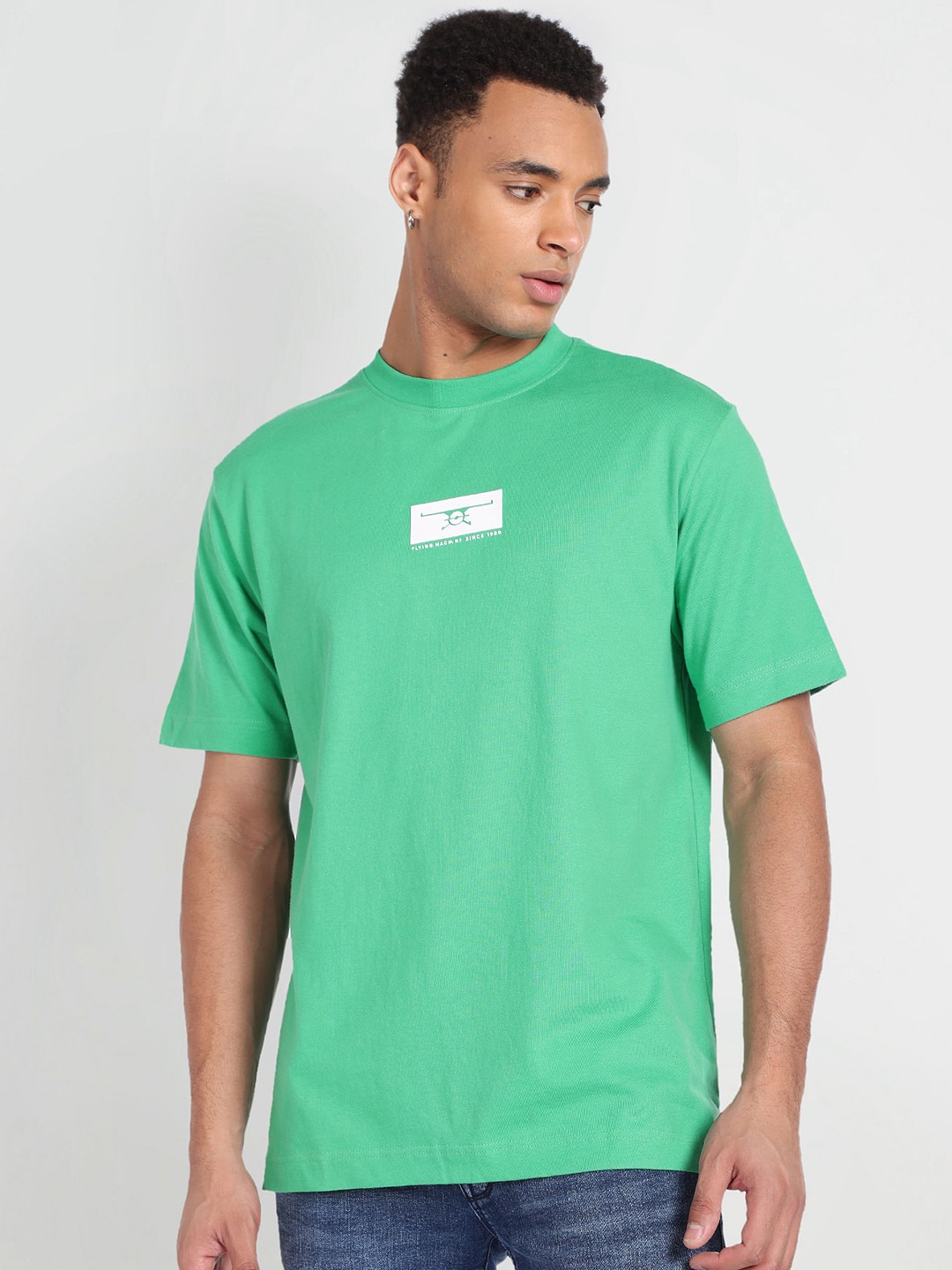 

Flying Machine Round Neck Pure Cotton T-Shirt, Green