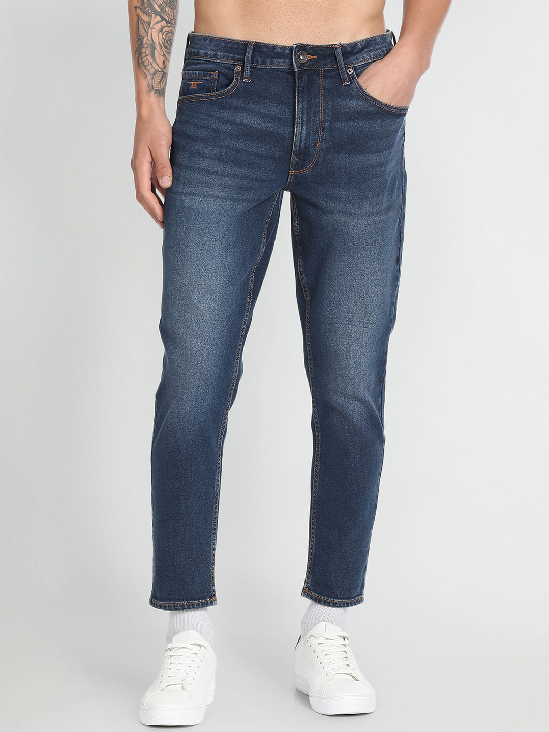 

Flying Machine Men Tapered Fit High Rise Light Fade Stretchable Jeans, Blue