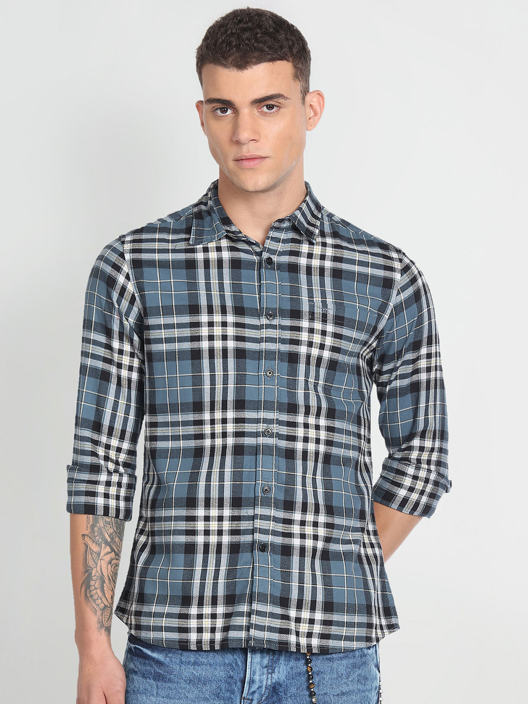 

Flying Machine Men Slim Fit Tartan Checked Pure Cotton Casual Shirt, Grey