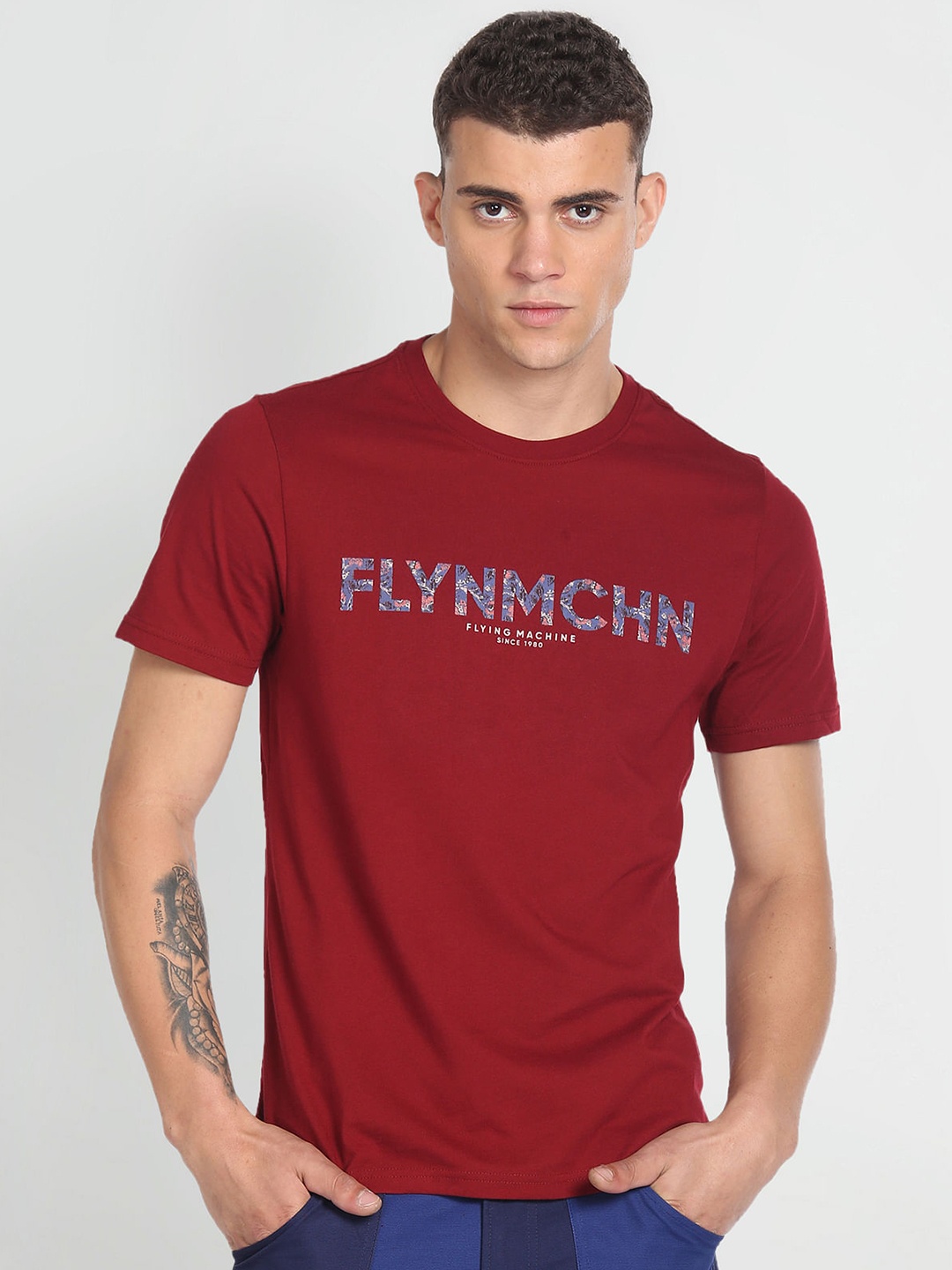 

Flying Machine Typography Printed Pure Cotton T-shirt, Red