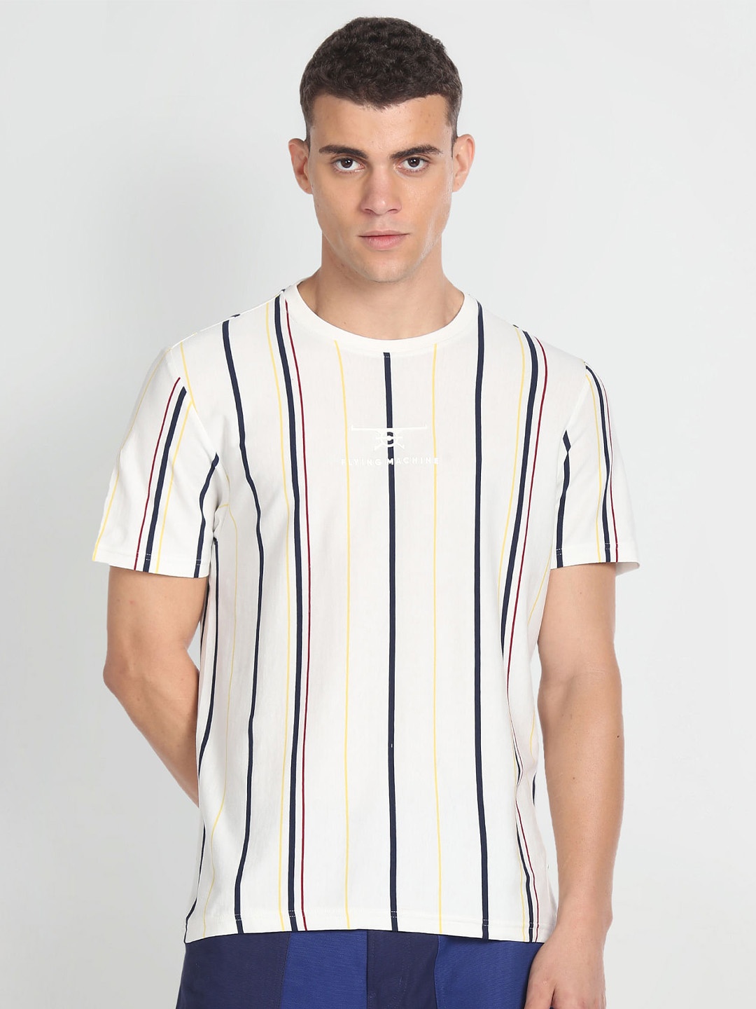 

Flying Machine Striped Round Neck Pure Cotton T-shirt, White