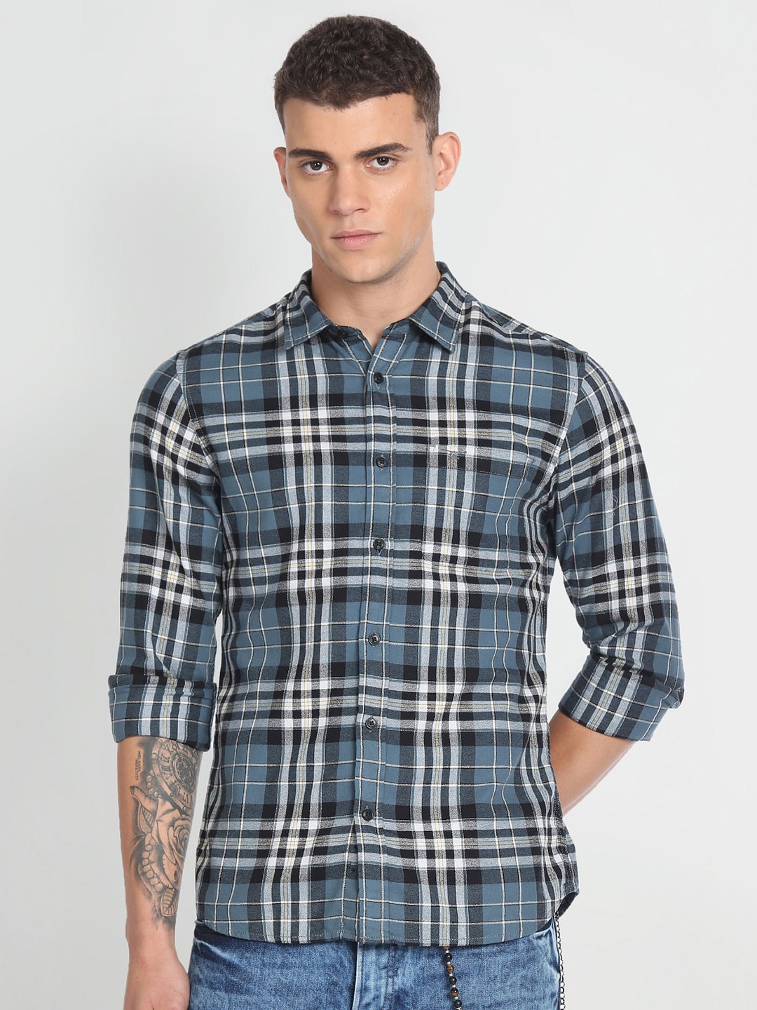 

Flying Machine Men Slim Fit Tartan Checked Pure Cotton Casual Shirt, Grey