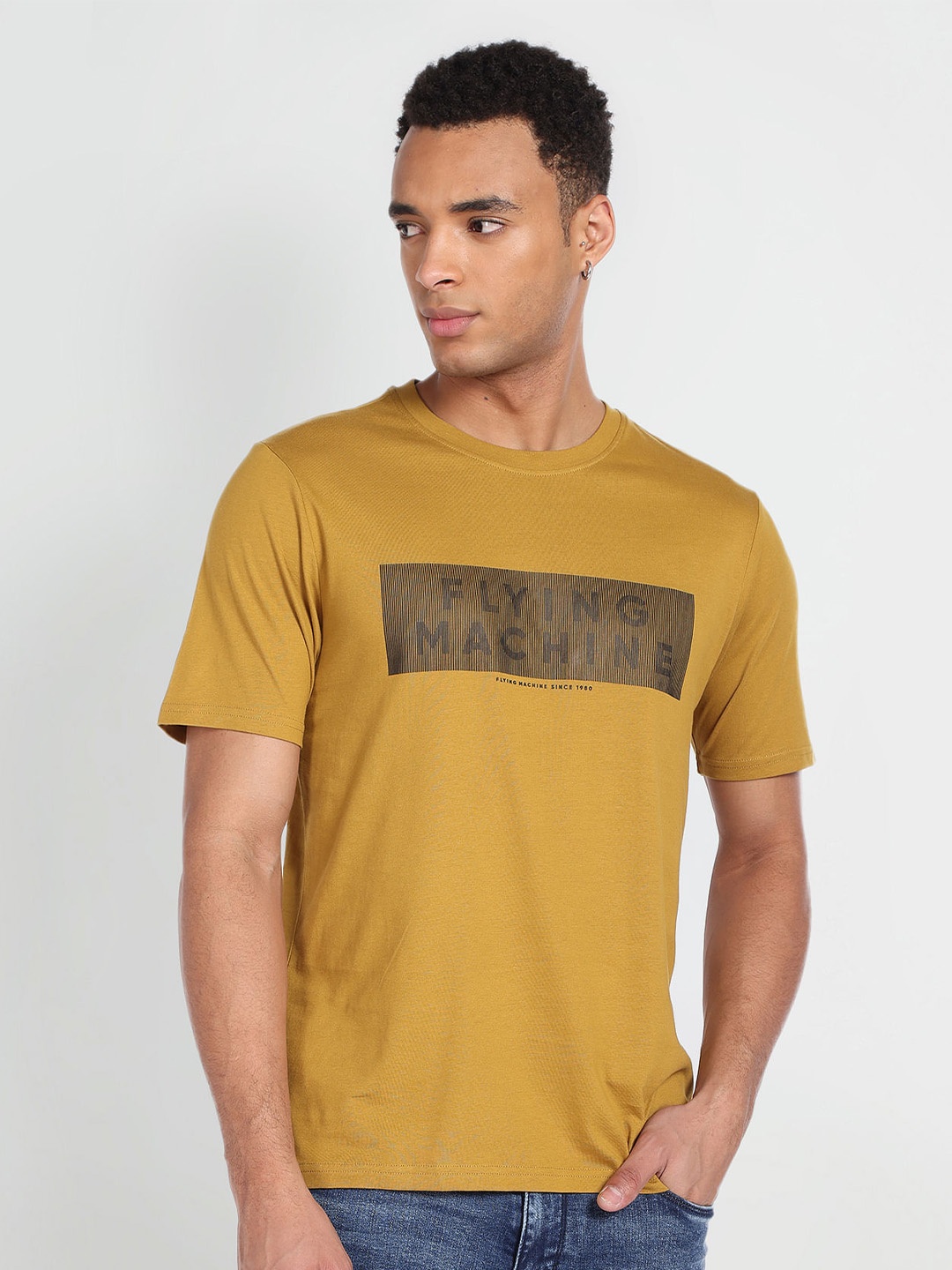 Flying Machine Typography Printed Round Neck T-shirt, Yellow