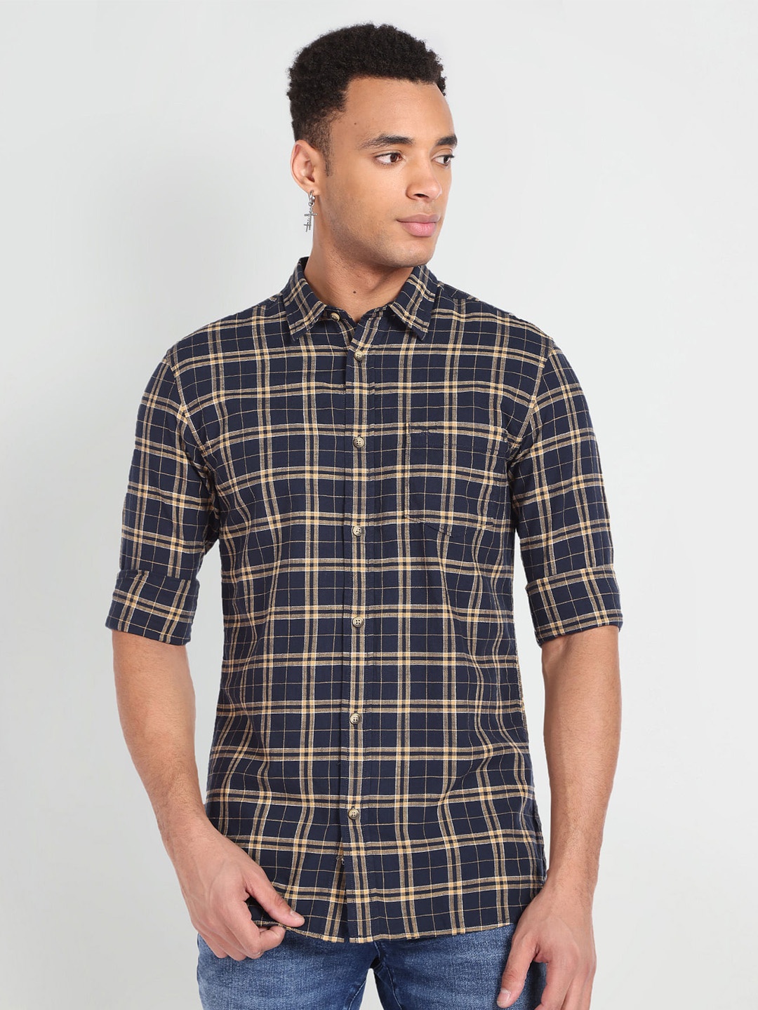 

Flying Machine Slim Fit Tartan Checked Opaque Cotton Casual Shirt, Blue