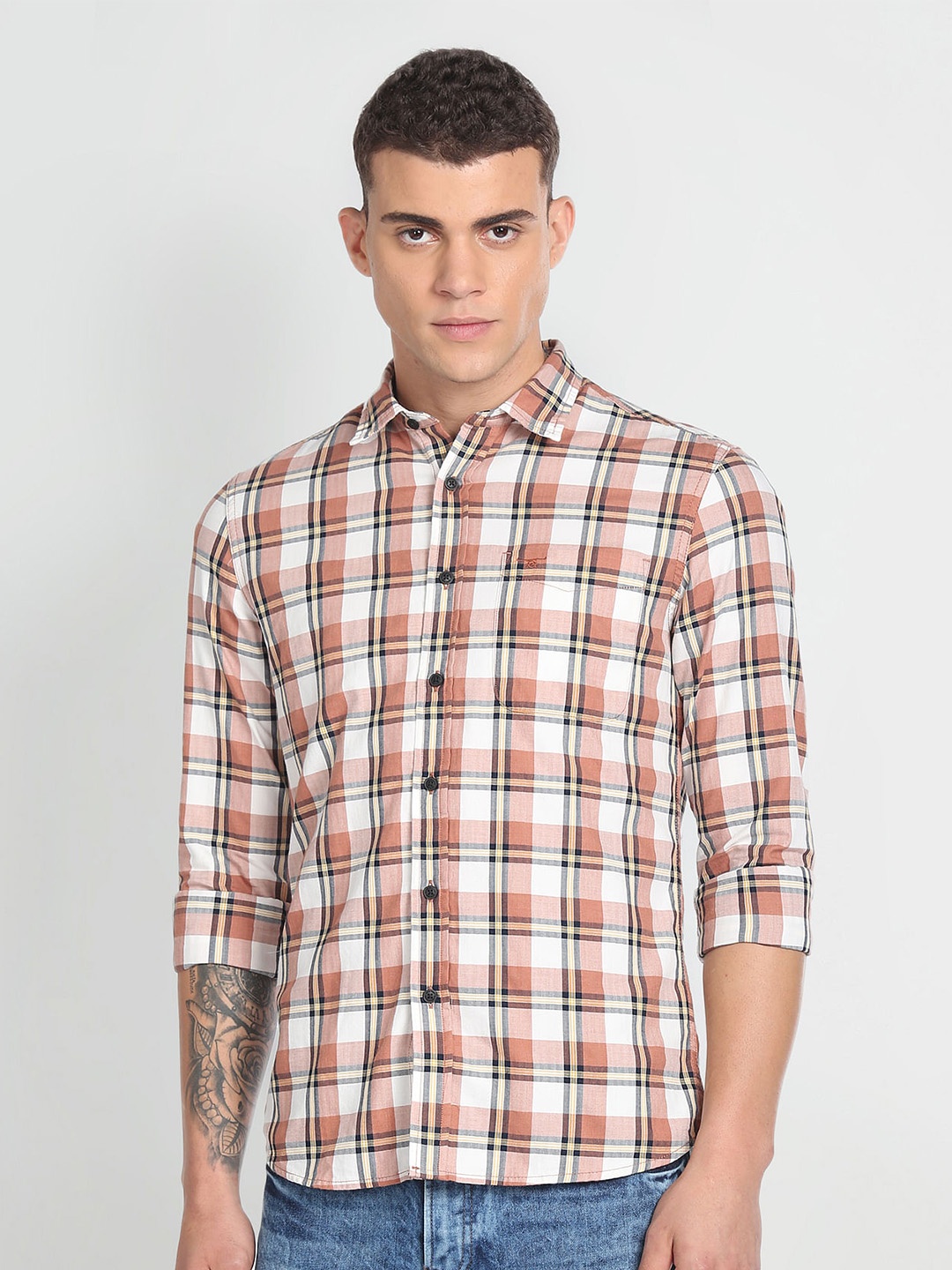 

Flying Machine Men Slim Fit Tartan Checked Casual Shirt, Beige