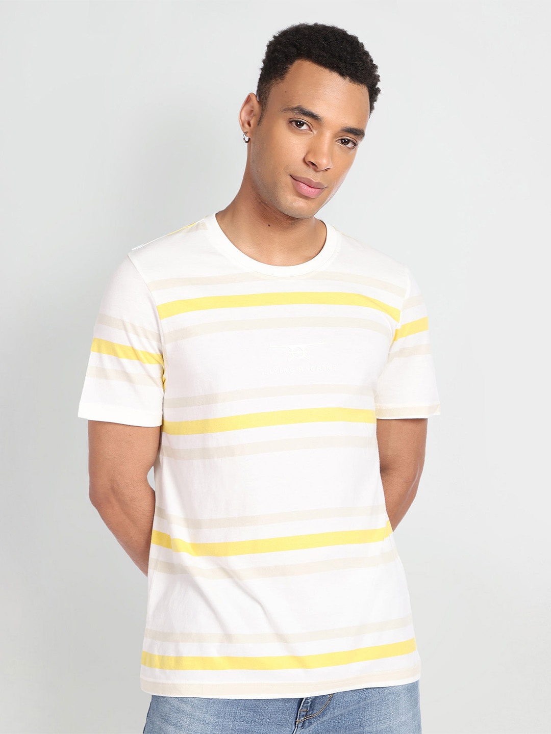 

Flying Machine Striped Pure Cotton T-shirt, White