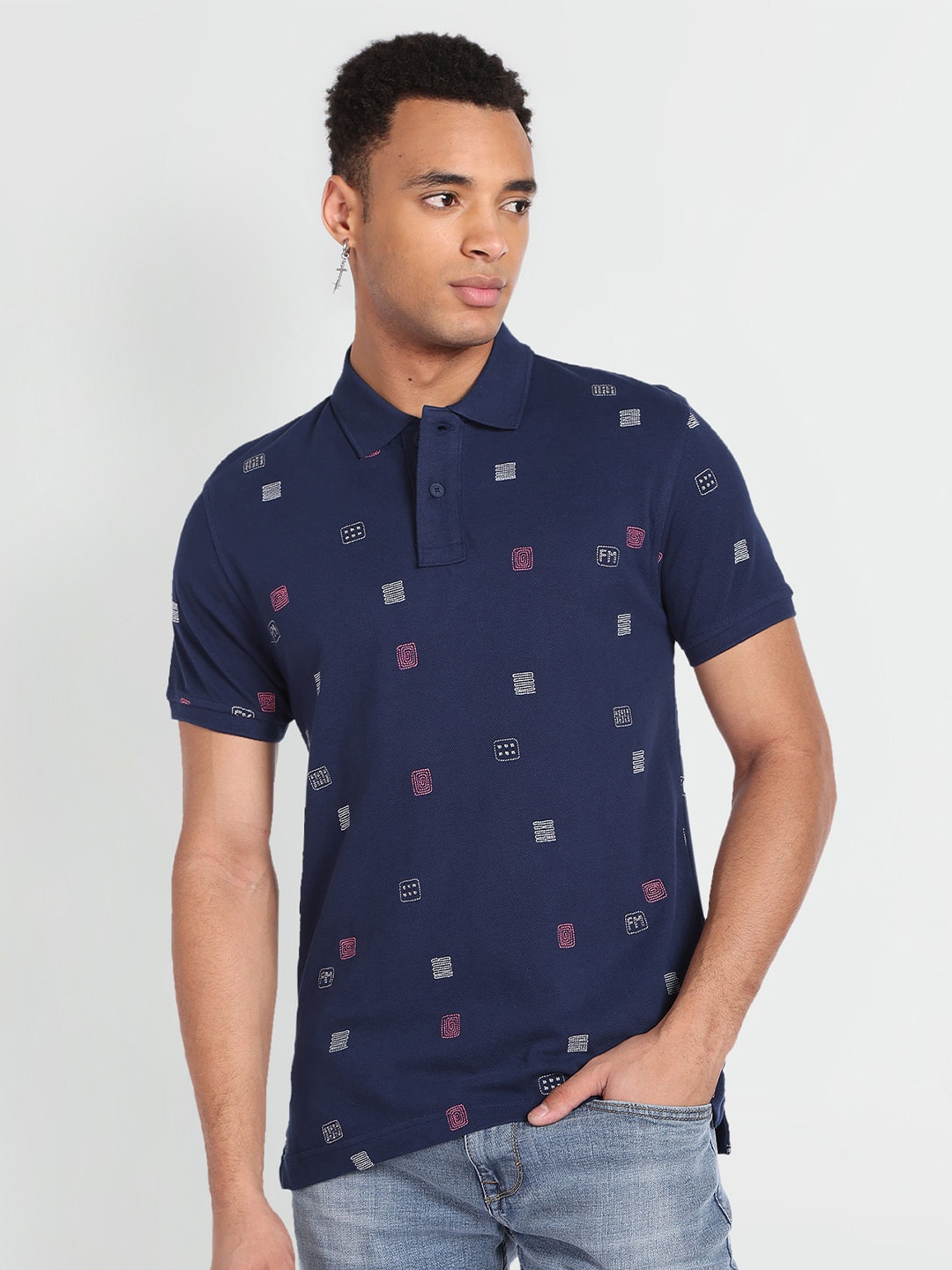 

Flying Machine Geometric Embroidered Polo Collar Pure Cotton T-shirt, Blue