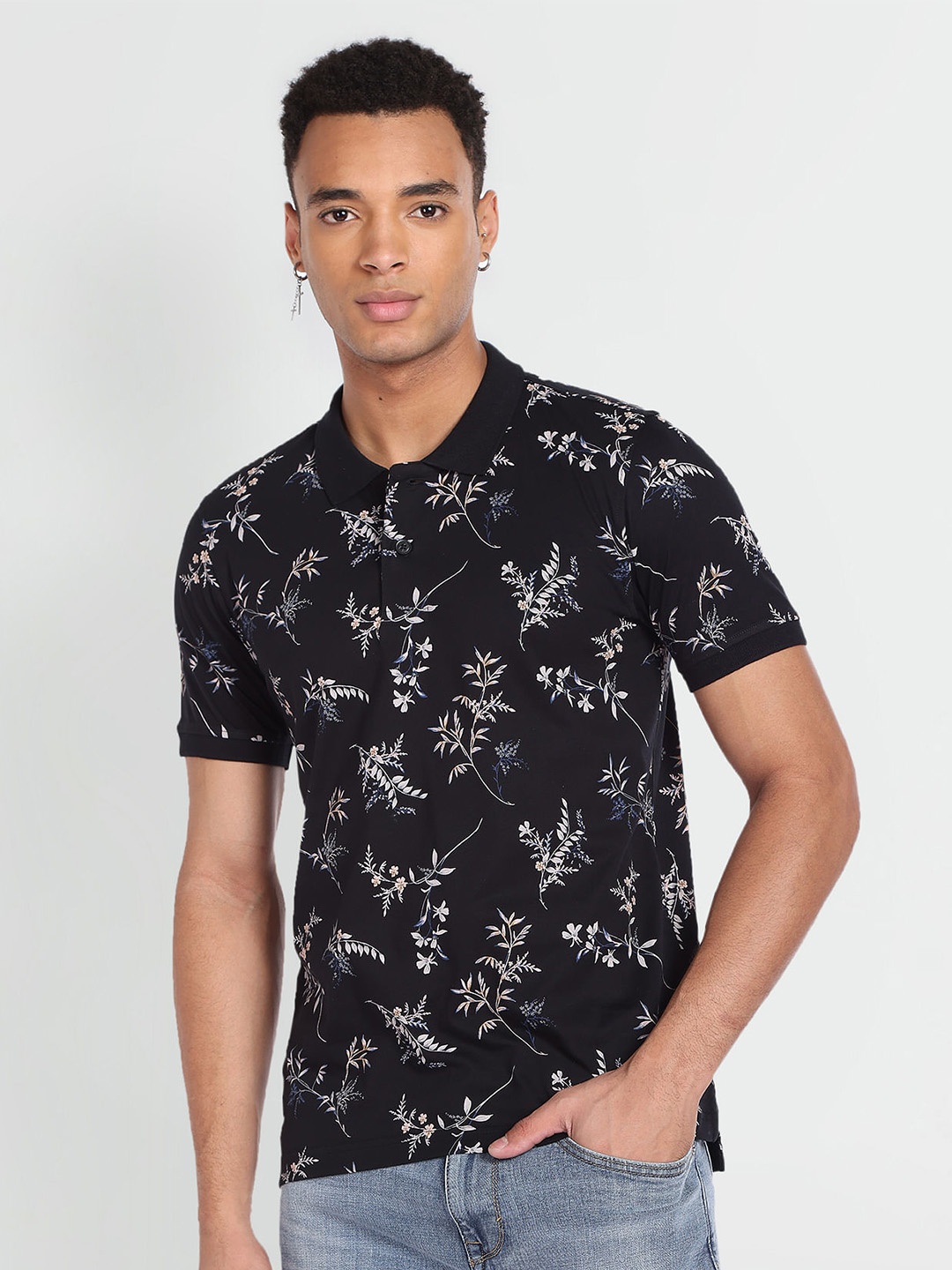 

Flying Machine Floral Printed Polo Collar Pure Cotton T-Shirt, Black